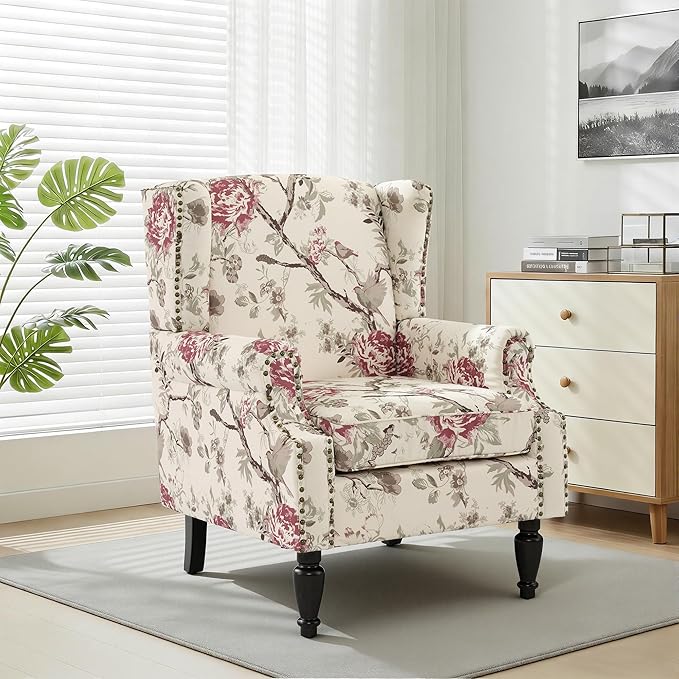 Wingback Chair, High Back Floral Accent Chair in Fabric, Comfy Upholstered Armchair with Nailhead Trim for Living Room, Single Sofa Reading Chair for Small Spaces, Bedroom-Floral Beige