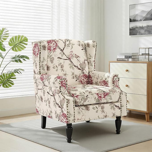 Wingback Chair, High Back Floral Accent Chair in Fabric, Comfy Upholstered Armchair with Nailhead Trim for Living Room, Single Sofa Reading Chair for Small Spaces, Bedroom-Floral Beige