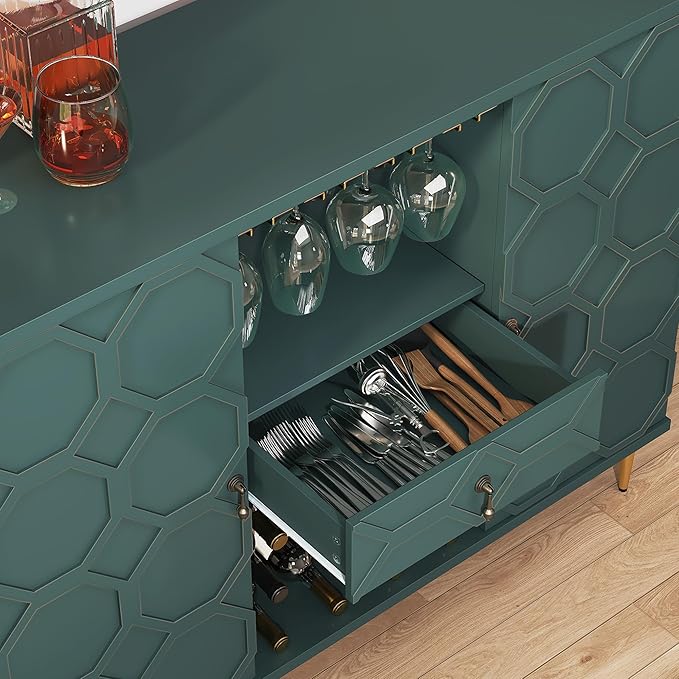 Modern Bar Cabinet with Drawer, Liquor Cabinet with Wine Glass Racks and Shelves, Geometric Door Buffet Sideboard for Dining Room, Living Room, Kitchen, Green