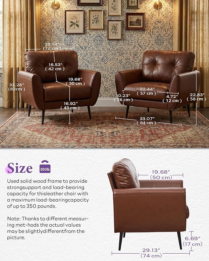 TYBOATLE Accent Chair, Comfy Modern Living Room Brown Leather Reading Accent Chairs Tufted Mid Century Arm Chair Small Salon Chair for Office Bedroom(1, Brown)