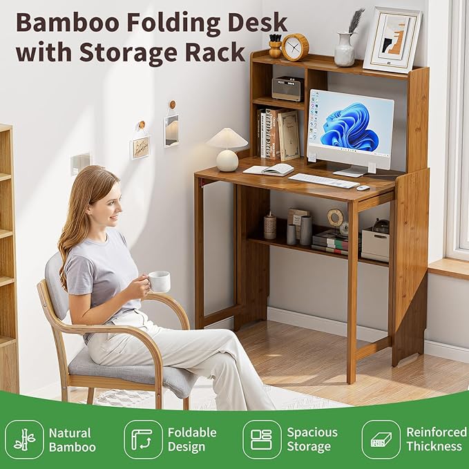 Bamboo Folding Desk for Small Spaces with Storage, Mid Century Foldable Desk with Bookshelf, Small Desks with Storage for Home Office Bedroom, Brown