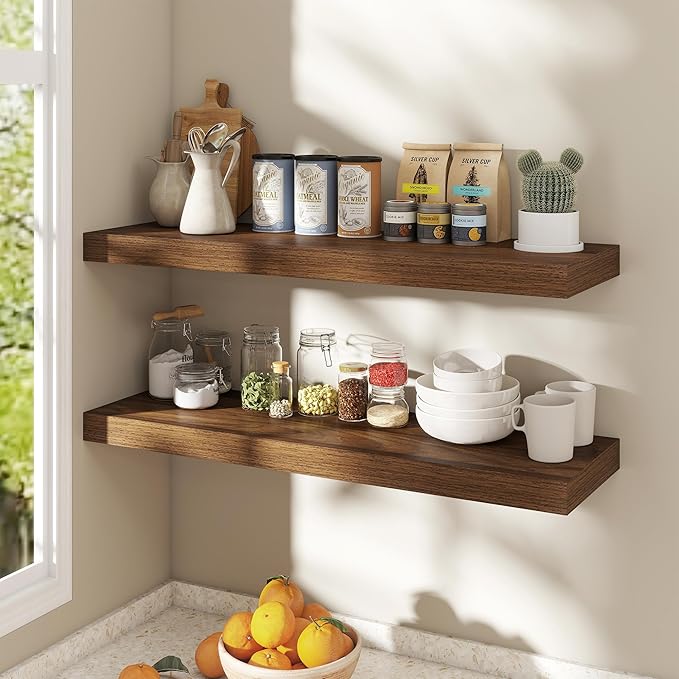 Dreamland 36 Inch Floating Shelves for Wall,8 Inch Deep Floating Shelves,36" W x 8" D Wall Shelves for Bedroom,Living Room,Kitchen,Bathroom,Walnut,Set of 2