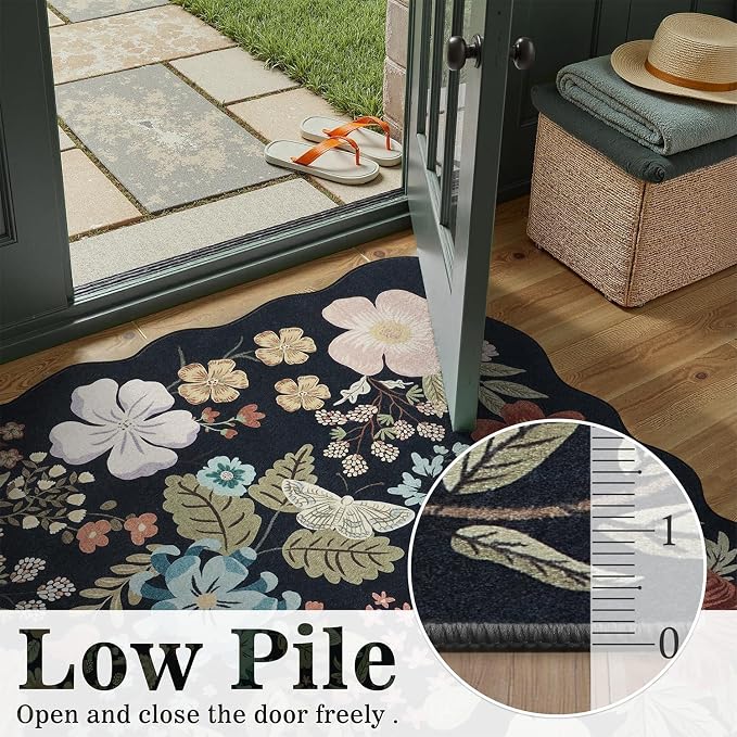 DCX Black Floral Rug 3x5, Washable Black Rug for Living Room, Kid & Pet Friendly with Rubber Back Non Slip, Soft Low Pile Carpet, Stain Resistant Rug for Bedroom, Nursery, Dining Room