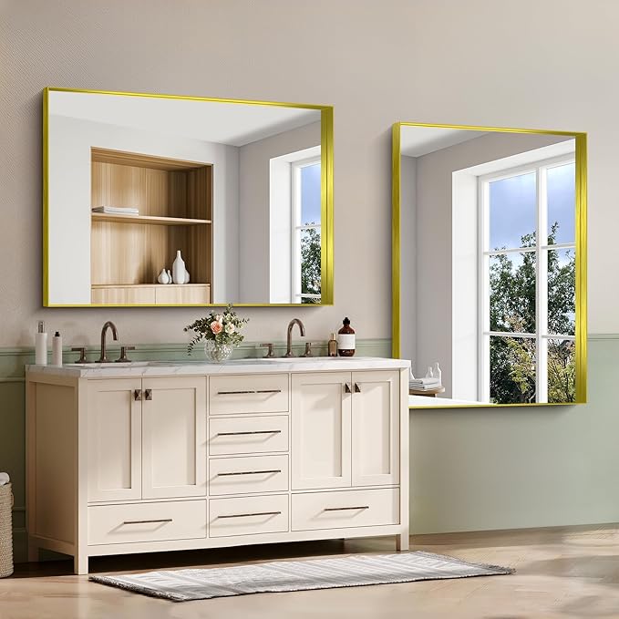 CIRCUMI Gold Bathroom Mirror, 36"x50" Rectangular Mirror with Deep Metal Frame, Brushed Finish, Tempered Glass, Large Mirror for Wall, Over 2 Sinks, Installed Vertically/Horizontally, Crystal-Clear