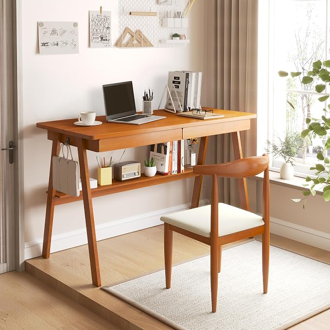 100% Solid Wood Writing Desk - 47.2" Mid Century Modern Desk, Home Office Desks with 2 Drawers and Storage Shelf, Small Computer Desks, Study Makeup Workstation for Bedroom/Living Room, Walnut