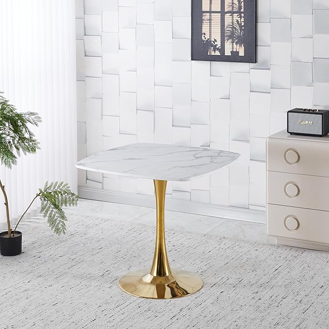 Modern Square Tulip Dining Table, 31.5 Inch White MDF Top with Gold Metal Base, Mid-Century Kitchen Table for 2-4 Persons, Small Space Living Room Bistro Table (Golden+White)