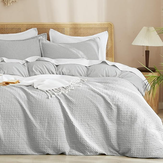 PHF Waffle Weave Duvet Cover Set Queen Size, No Snagging Ultra Soft Luxury Textured Breathable Comforter Cover for All Season 3pcs, Durable Bedding Duvet Set with 2 Pillow Shams, 90"x90", Light Grey