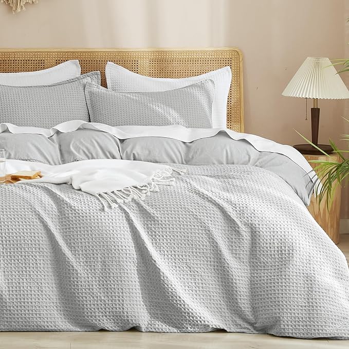 PHF Waffle Weave Duvet Cover Set Twin/Twin XL Size, No Snagging Soft Luxury Textured Breathable Comforter Cover for All Season 2pcs, Durable Bedding Duvet Set with 1 Pillow Sham, 68"x90", Light Grey