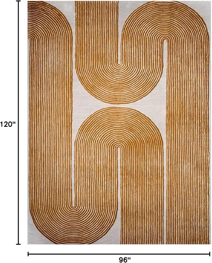 Modern Handmade Wool Area Rug, Abstract Curved Line Geometric Carpet for Living Room Bedroom, Contemporary Tufted Indoor Rug with Soft Pile and Cotton Backing (Gold, 8' x 10')