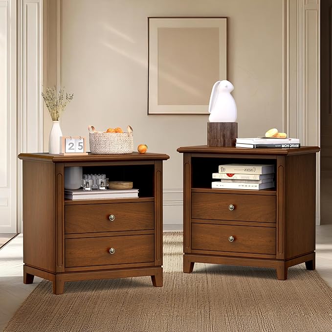 24" Wide Solid Wood Nightstands Set of 2, Walnut Night Stand with 2 Large Drawers & Open Shelf, Bedside Table with USB Ports and Outlets, Farmhouse Nightstand for Bedroom