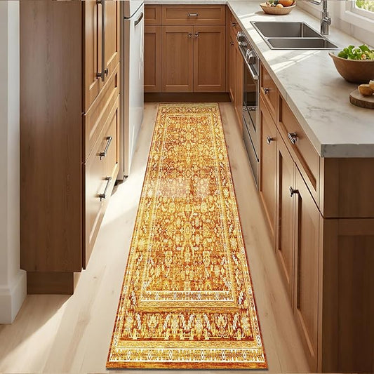 OPPODREAM Vintage Orange 2x10 Runner Rug, 2 x 10 Retro Washable Rug Non Slip, Low-Pile Faux Wool Carpet, Distressed Floor Mat for Kitchen, Hallway, Entry-Way, Entrance, Indoor Back Door