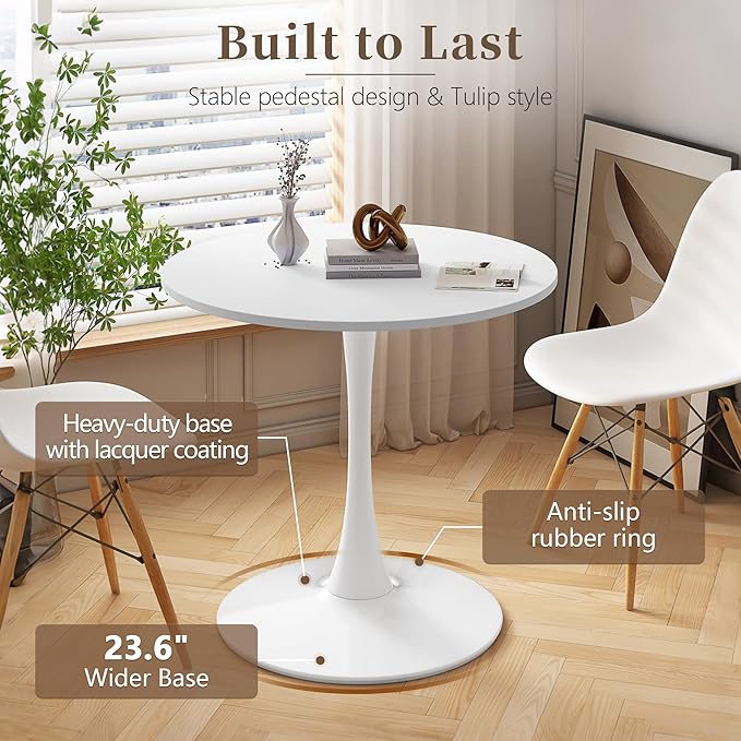 31.5 Inch Round Dining Table,Mid-Century Tulip Table with Metal Pedestal Base,Modern Leisure Table for Small Space Kitchen Dining Room,Easy Assembly,White