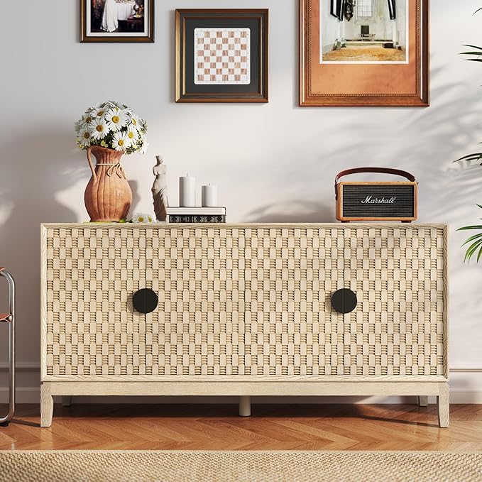 Buffet Cabinet with Storage, Distressed Storage Cabinet with 4 Carved Doors and Adjustable Shelf, Wooden Accent Sideboard Buffet Cabinets for Kitchen, Living Room, Entryway, Light Brown