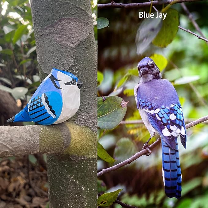 H&Zebrabro Hand Carved Bird Figurines, Hand-Painted Sculpted Wooden Birds, Wood Bird Sculptures for Home Decoration, Hand Crafted Life Like Bird Statues, Ideal Gifts for Bird Lovers (Blue Jay)