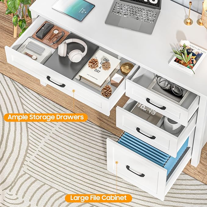Vabches Farmhouse 47" Executive Desk, Computer Desk with File Drawer and Charging Station, Workstation for Home Office, Study.Cream White