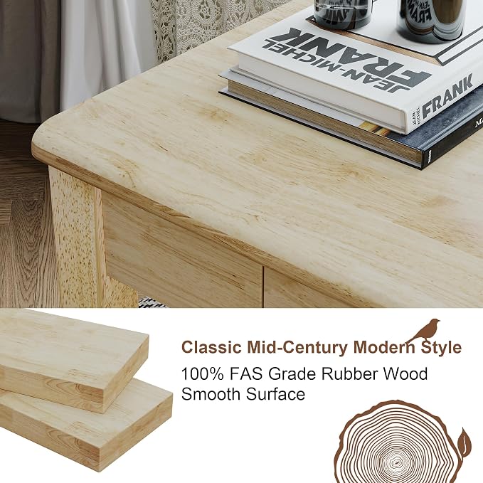 Solid Wooden Desk with Drawers - 39 x 16 Inch Rubberwood Narrow Desks, Simple Modern Study Table, Small Writing Desk for Bedroom|Small Spaces - Natural Boho Desks