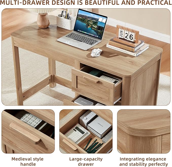 48'' Farmhouse Executive Desk with Storage, Wooden Home Office Desk with Drawer and Vintage Handle, Large Computer Writing Desk for Study, Bedroom, Living Room （Natural）