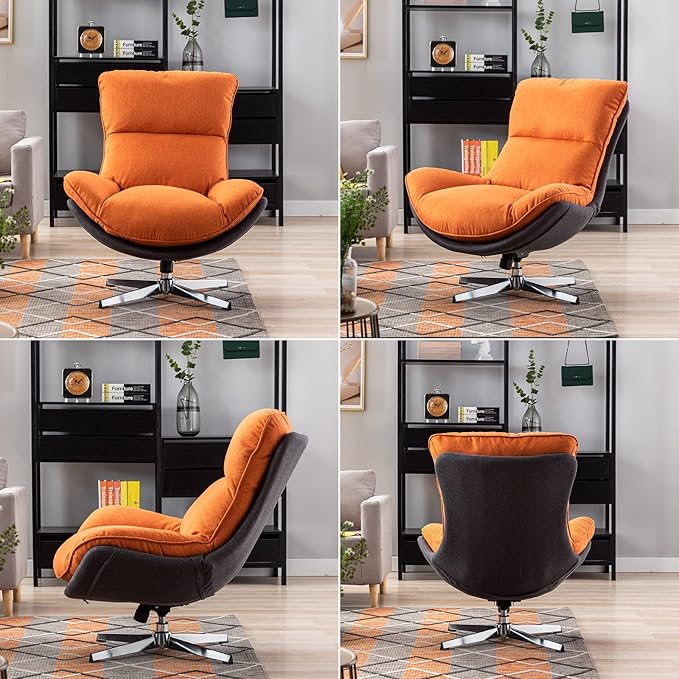 DUOMAY Swivel Accent Chair, Modern Linen Soft Foam Lounge Chair with High Back, Comfy Rocker Chair for Living Room Bedroom Reading Room Office, Tilt & Swivel, Chrome Base, Orange