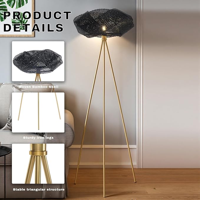 Handwoven Tripod Floor Lamp, Boho Bamboo Woven Lotus Shade Tall Standing Lamp, Black Metal Base for Living Room Bedroom Entryway, E26 Socket (Black)