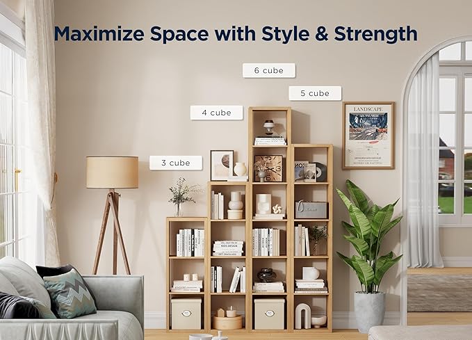 4 Cube Storage Organizer, Cubby Storage Shelf, 2x2 Cube Bookshelf, Wooden Organizer Shelf with Thickened Boards, for Closet Bedroom Home Living Room, 25.12" L x 9.37" W x 25.12" H, Natural-Oak