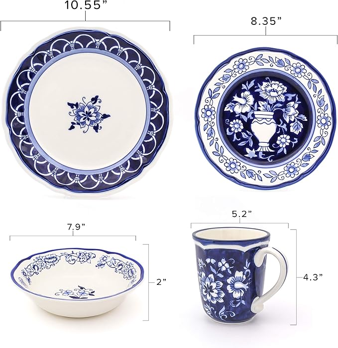 Euro Ceramica Blue Garden 16 Piece Oven Safe Hand Painted Stoneware Dinnerware Set, Service for 4, Bold Vase Design/Floral Pattern, White and blue