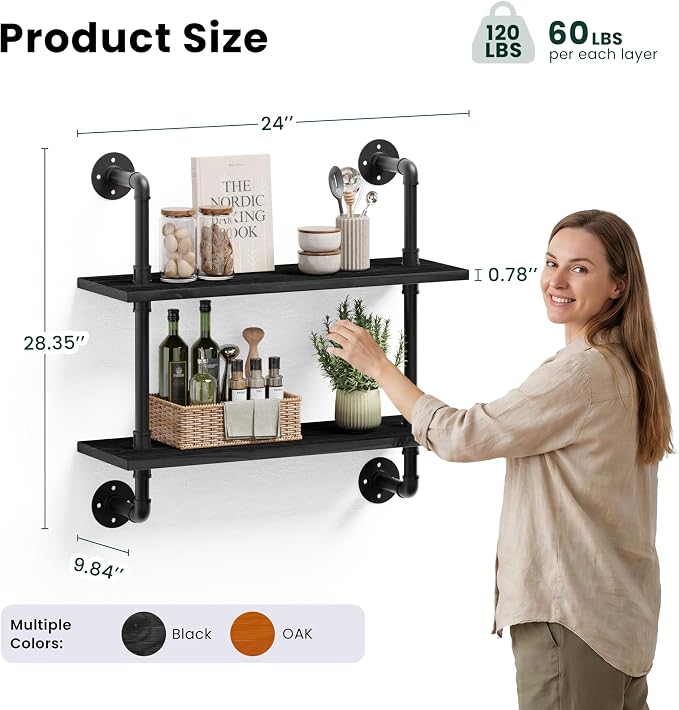 HDDFER Bathroom Floating Shelves for Wall - Industrial Pipe Shelving Shelves Wall Mounted Shelf 24 in Over Toilet Farmhouse Home Decor Display Bookshelf Black