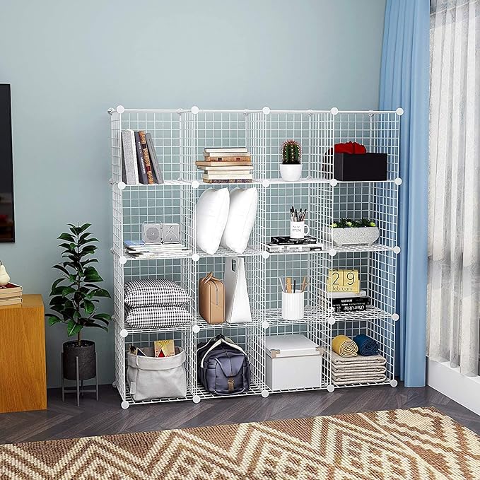 HUBSON Wire Cube Storage Organizer, Book/Toy/Craft/Potted Plants and petCloset Organizers and Storage Shelves, 6-Cube Freely Combinable Metal Grids Storage Shelf, White Iron