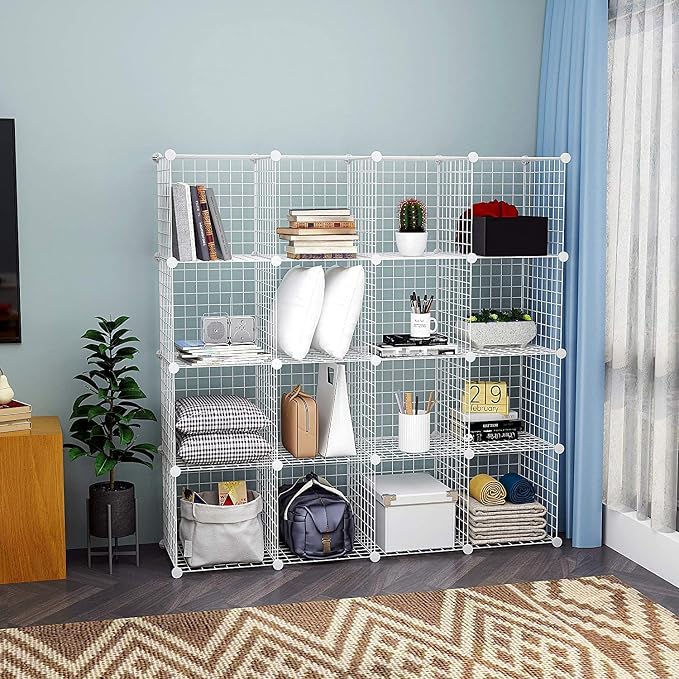 HUBSON Wire Cube Storage Organizer, Book/Toy/Craft/Potted Plants and Pet Closet Organizers, 16-Cube Freely Combinable Metal Grid Storage Shelf, White Iron