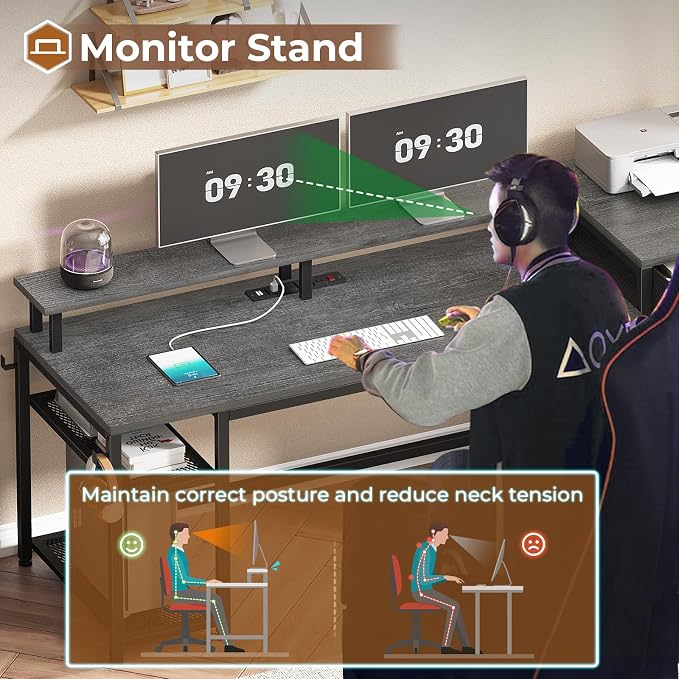 SEDETA 59" Office Desk with File Drawers, Reversible Computer Gaming Desk with Storage, LED Lights & Power Outlet, Home Office Desks for Printer, Grey