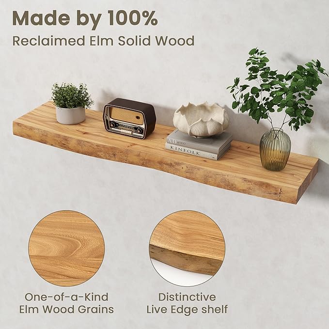 Fun Memories Floating Shelves for Wall Decor Set of 1-40 Inch Solid Elm Wood Live Edge - Rustic Natural Wall Shelves with Invisible Brackets - for Living Room, Bedroom, Kitchen - Natural Finish