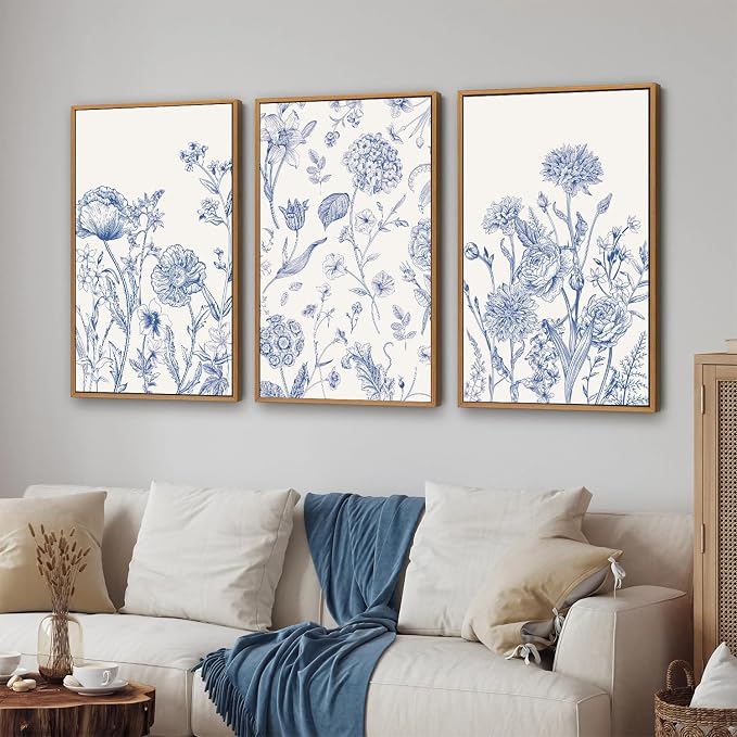 Tinonedraw Large Classic Chinoiserie Flower Framed Canvas Wall Art Set, Navy Blue and White Floral Wall Decor, Minimalist Neutral Botanical Art Printing for Living Room Bedroom Office Dorm 16"x24"x3