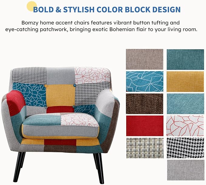 Bonzy Home Modern Oversized Accent Chair for Living Room, Colorful Boho Linen Fabric Upholstered Armchair with Wood Legs, Single Chair