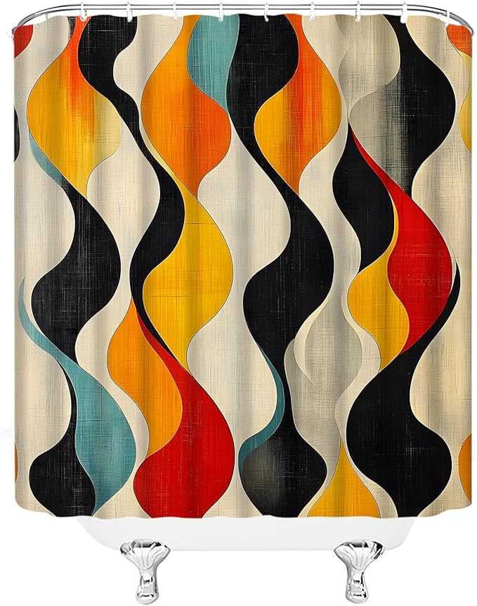 Mid Century Shower Curtain Boho Minimalist Modern Abstract Aesthetic Geometric Striped Atomic Retro Earthy Fabric Bathroom Decor Set with Hooks(70" Wx74.8 H)