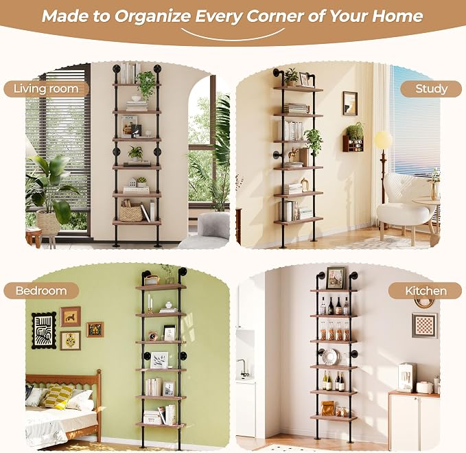 Industrial Ladder Pipe Shelves, Wall Mounted Rustic Bookshelf, Retro Metal Wood Bookcases (Weathered Brown, 6 Tier - 10" D x 24" W x 82.5" H)