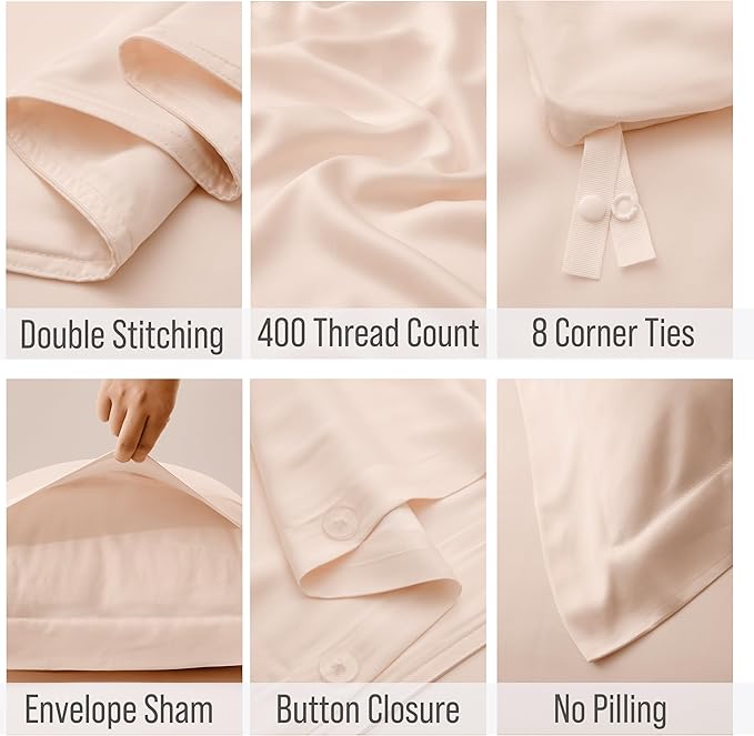 Bella Coterie Luxury Bamboo Viscose Queen Size Duvet Cover Set | 100% Organically Grown | Corner Ties | Ultra Soft | Cooling | Two Pillow Shams | 90 x 94 | No Insert [Champagne]