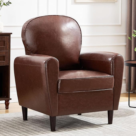 Mid Century Accent Chair, Modern Faux Leather Arm Chair, Comfy Upholstered Reading Chairs Single Sofa Chair for Living Room, Bedroom, Club, Brown