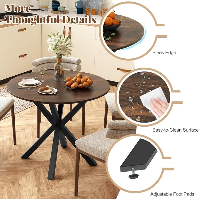 Moccha 36" Round Dining Table for 4 - Rubber Wood Kitchen Table with Intersecting Trestle Legs, Vintage Bar Table, Farmhouse Dining Room Tables for Dinette, Small Space, Restaurant, Bistro (Brown)