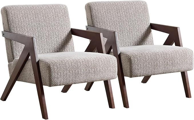 Bonzy Home Mid-Century Modern Accent Chair Set of 2 with Wood Frame, Upholstered Armchair for Bedroom & Living Room, Linen Fabric Cushion, Z-Shaped Armrest Design, Sturdy Lounge Chair
