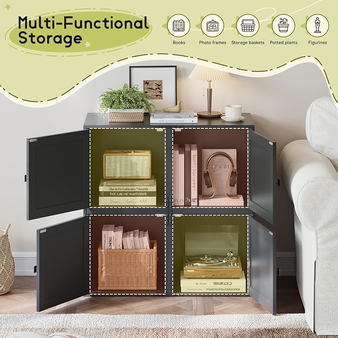 Homkdom 2 Cube Storage Organizer, DIY Bookcase with Doors, Stackable Cube Shelf with Anti-Tip Design, Modular Cubby for Bedroom, Dorm, Office,Living Room,15" W x 11.81" D x 30" H, Black