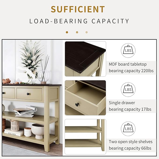 LUMISOL Long Console Table with 3 Storage Drawers, Solid Wood Sofa Table with Storage & Open Shelves, Retro Entryway Tables for Hallway Living Room (Beige)