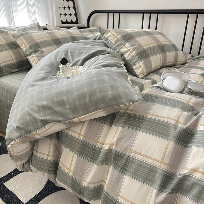 VM VOUGEMARKET Green Gingham Duvet Cover Full Size Simple Farmhouse Style Cotton Boy Men Buffalo Plaid Bedding Set 1 Duvet Cover with 2 Pillowcases