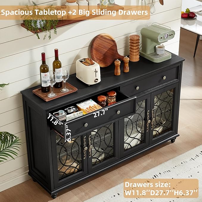 Farmhouse Sideboard Buffet Cabinet with Storage,59" Large Credenza with 4 Glass Doors & 2 Drawers,Adjustable Shelves Console Table,Wood Kitchen Coffee Bar for Dining Room,Living Room,Black