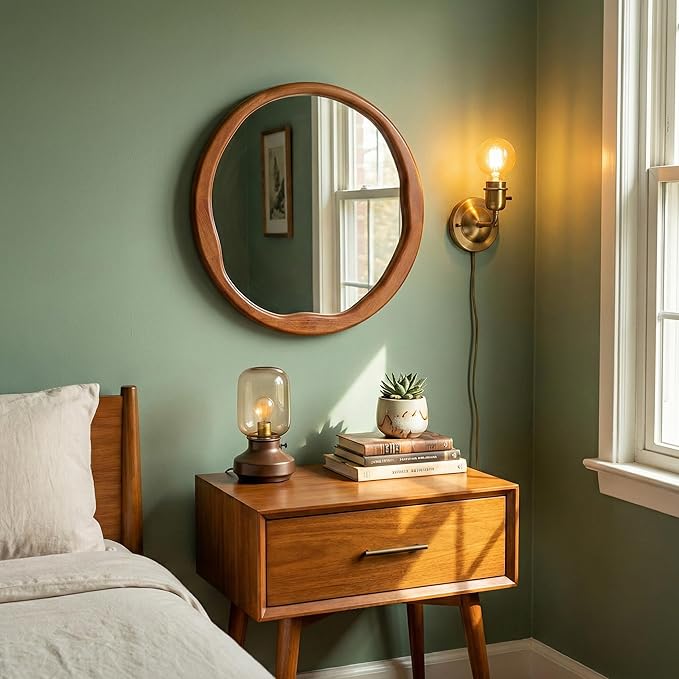 Round Walnut Mirror 24 Inch, Asymmetrical Wavy Inner Edge Wall Mirror for Bathroom Vanity, Bedroom, Solid Wood Irregular Retro Decor