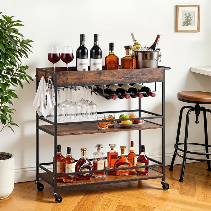 VEVOR Bar Cart, 3 Tiers Home Kitchen Serving Carts, Industrial Rolling Utility Station on Wheel, Mobile Drink Beverage Shelf with Wine Rack & Glass Holder, 34.64x14.17x32.68 in, Rustic Brown and Black