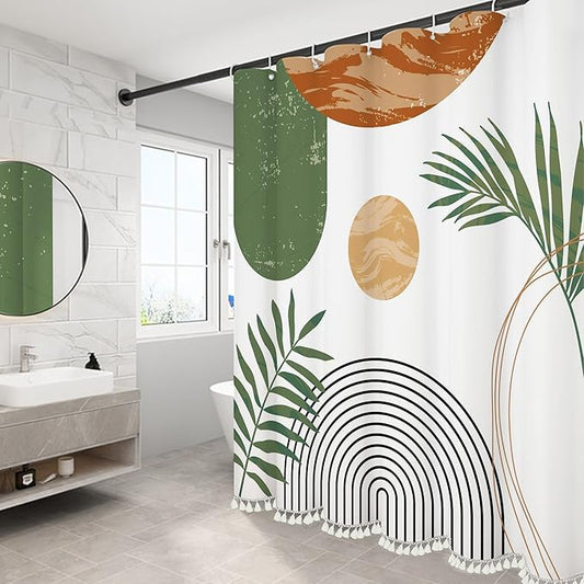 Boho Mid Century Leaf Shower Curtain Set,Arch Sun Design,Minimalistic Leaves Pattern,Waterproof and Luxurious Fabric-12 Hooks(Green-72" x 72")