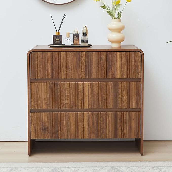 Fluted 3 Drawer Dresser for Bedroom,Mid Century Modern Wide Chest of Drawer,Curved Edge Wood Closet Dresser Nightstand for Bedroom Living Room Hallways (Walnut, Wide 3 Drawer)