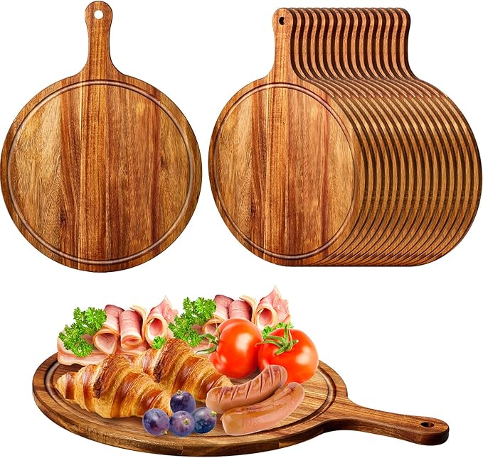 Nuenen 20 Pcs Round Wood Cutting Board with Handle Acacia Bamboo Wooden Serving Kitchen Chopping Boards for Pizza, Bread, Cheese, Charcuterie, Fruit, Vegetables(Acacia)
