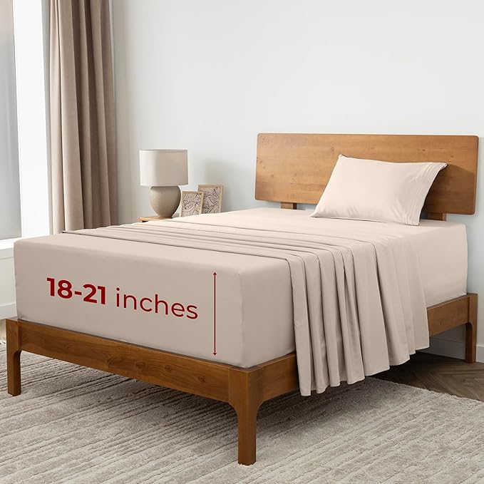 Mellanni Extra Deep Twin Sheets - 3 PC Iconic Collection Bedding - Hotel Luxury, Ultra Soft, Cooling Bed Sheets - Wrinkle, Fade, Stain Resistant (Twin, Beige)