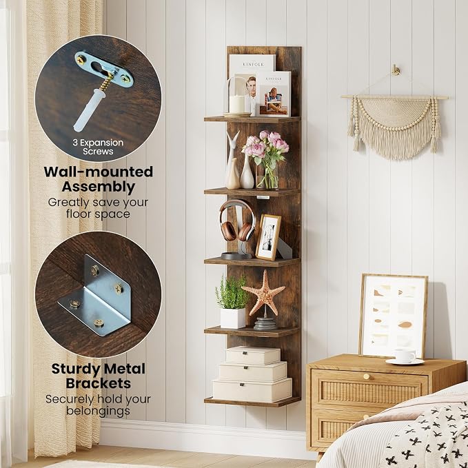 Giantex 5 Tier Wall Shelf Unit, Narrow Vertical Floating Shelves for Home Decoration and Storage Organizer, Lack Wall Shelf, Wall Mounted Display Shelves for Bedroom, Living Room, Rustic Brown