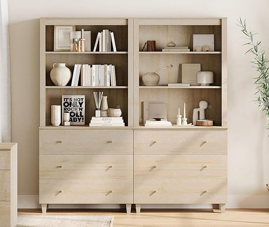 WAMPAT 71" Tall Bookcase with 6 Drawers & Open Shelves, 2 Column Modern 3-Tier Bookshelf with Adjustable Shelf, 71" Wide Wooden Display Book Shelf for Home Office, Living Room, Bedroom, Light Oak